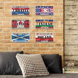 Banderas de estilo nacional de países del mundo, placa de matrícula, placa vintage, letrero de metal, decoración de pared, pintura para bar en casa, póster de EE. UU., Canadá, India