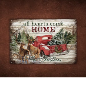 Todos os corações voltam para casa para o Natal Placa de metal Placa de lata Renas de inverno Árvore de Natal Decoração de parede Natal Amor Paz Alegria Presente para a família