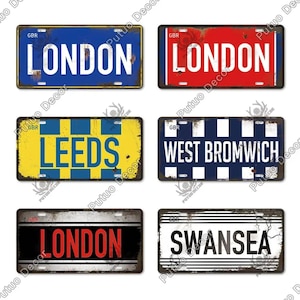 Placa de matrícula de ciudad británica, metal, vintage, decorativa, para viajes y turismo, letrero de hojalata, póster de pared para el hogar, Londres, Leeds, West Bromwich, Swansea