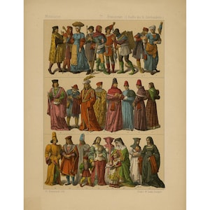 Può includere: Un'illustrazione di persone che indossano abiti del Medioevo. L'illustrazione è divisa in tre sezioni, ciascuna raffigurante un'epoca diversa. La prima sezione mostra persone del XII secolo, la seconda sezione mostra persone del XIII secolo e la terza sezione mostra persone del XIV secolo. L'illustrazione è a colori e mostra una varietà di stili di abbigliamento, tra cui tuniche, robe e mantelli.