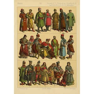 Könnte beinhalten: Ein antiker Druck mit Illustrationen historischer Kleidung aus Russland, Polen und Ungarn. Das Bild zeigt verschiedene Figuren in farbenfrohen Gewändern, darunter Mäntel, Hüte und Roben. Der Text oben gibt die Regionen und das 17. Jahrhundert an.