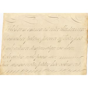 Könnte beinhalten: Gealtertes Pergamentpapier mit eleganter Schreibschrift in schwarzer Tinte. Der Text enthält dekorative Verzierungen oben. Das Papier hat ein vergilbtes, Vintage-Aussehen, was auf Alter und historische Bedeutung hindeutet.