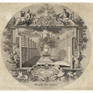 Może przedstawiać: Czarno-biały grawer przedstawiający scenę ogrodową z płomieniem w kształcie serca w wazonie. Scena jest otoczona płotem i dwoma cherubinami. Tekst "MODERATIUS OPTA. Ovid.1.1.De Ponto." znajduje się pod wazą. Tekst "Dünnche aber mässiger" znajduje się pod tekstem.
