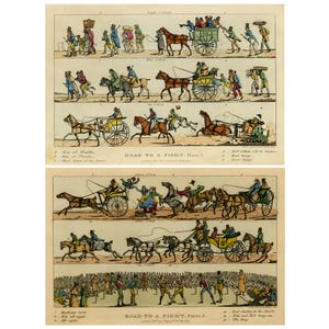 May include: Two antique prints titled "ROAD TO A FIGHT." Plate 1 and Plate 2. Each print features multiple panels depicting scenes with horses, carriages, and people in period clothing. The prints are in colour with text at the bottom.