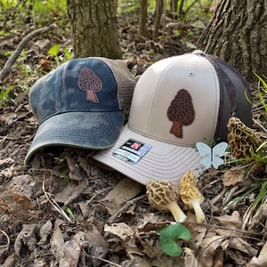 Puede incluir: Dos gorras de camionero con un parche de seta. Una es azul descolorido con la parte trasera de malla color canela, la otra es color canela con la parte trasera de malla marrón oscuro. También se ven setas de colmenilla y un alfiler de mariposa.