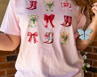 Western Bows & Boots Coquette Comfort Colors Blossom Pink T-shirt/Short Sleeve Shirt