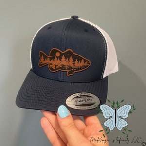 Bass Fish Mountain Leather Patch Adult Unisex Retro Trucker Hat/Cap