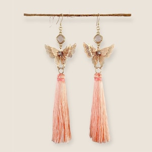 Golden Pink Butterfly Crystal Tassel Earrings Hanfu Hanbok Accessory