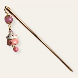 Pink Lucky Cat Maneki Neko Hair Stick Chop Stick Hanfu Kimono Accessory Kawaii