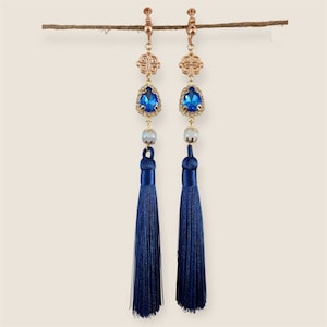 Blue Crystal Tassel Statement Earrings Hanfu Hanbok Accessory Norigae