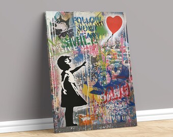 Banksy Balloon Girl Collage by Mr Brainwash Print on Canvas Modern Art Print Wall Decor Urban Graffiti Canvas Art