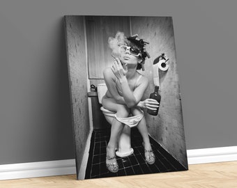 Girl Smoking Toilet, Fashion Toilet Wall Art, Fashion Girl Print, Stylish Wall Art, Girl Drinking Toilet, Fashion Wall Art, Black and White