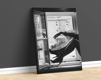 High Heels Sitting in Window Poster Print, Black and White, Fashion Art Photography, Girl Room Decor Photo, Glam Decor, Fashion Art Print