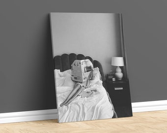 Bedtime News Reading Poster Print, Black and White Vintage Modern Art Photography, Fashion Poster, Vintage Print, Photography Prints, Canvas