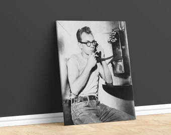 Vintage photo, man smoking cigarette phone booth 1950s style black and white photography print retro wall decor cool poster hipster gift