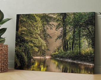 Forest Wall Art Canvas, Forest Tree Art Prints, Forest River Painting, Nature Wall Art, Living Room Sun Forest Prints, Extra Large Wall Art