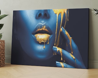 Blue Face , Gold Lips , Canvas Decor , Wall Art , Canvas Wall Art ,Modern Art,Christmas Gift ,Room Decor,Blue Face Canvas,Blue Face Wall Art