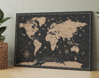 Vintage World Map Poster Canvas Wrap, Black World Map Poster, World Map Print, World Map Wall Decor, World Map Canvas ,01 World Map Wall Art