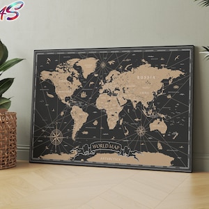 Vintage mapa del mundo cartel lienzo envoltura, cartel del mapa del mundo negro, impresión del mapa del mundo, decoración de la pared del mapa del mundo, lienzo del mapa del mundo, 01 arte de la pared del mapa del mundo