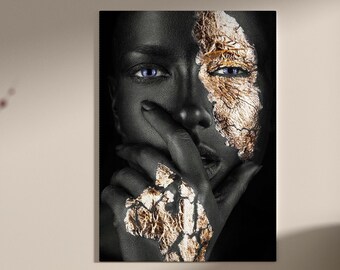 African Woman Silver Glitter Canvas Painting, Ethnic Painting, Black Woman Painting, African Woman Wall Art, Gold And Black Canvas Painting