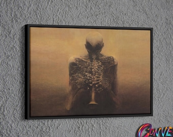 Skeleton Playing The Trumpet, Painting of Zdzislaw Beksinski Wall Decor, Surreal Painting Wall Art,Surreal Canvas Art, Musician Skeleton Art