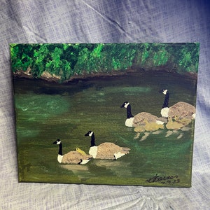 Geese Family on the lake Original Acrylic painting 8&quot;x10&quot; wrapped canvas of beautiful geese with their babies floating in the water