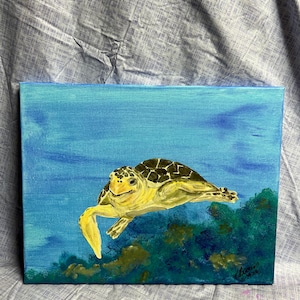 Loggerhead Sea Turtle Beautiful Adorable Original Acrylic painting on wrapped canvas 11&quot; x 14&quot; Turtles Ocean
