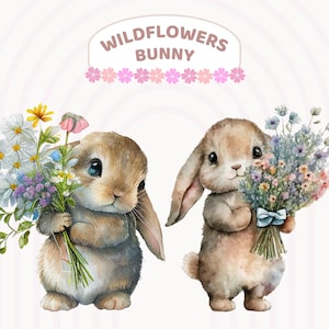 Aquarell Hase Clipart Wildblumen, Osterhase, Kinderzimmer Kunst Frühling Blumensträuße, Kinderzimmer Dekor niedliche Baby-Tiere, transparente PNG