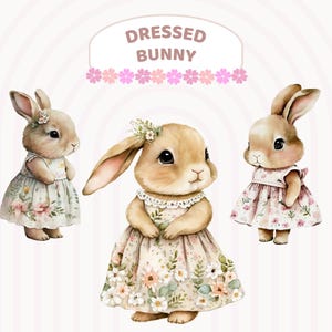 Robe de fleurs clipart lapin aquarelle, lapin de Pâques, bouquets de fleurs de printemps pour chambre d'enfant, décoration de chambre d'enfant, bébés animaux mignons, PNG transparent