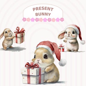 Aquarell Weihnachtsgeschenk Häschen Clipart, Weihnachtsmannmütze Osterhase mit Geschenken, Winter-Kinderzimmer-Kunst-Dekor, niedliche Baby-Tiere Scrapbooking PNG