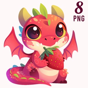 Niedliche Fruit Dragon Clipart, entzückende Baby Dragon Grafiken, bunte Sublimation PNG, Erdbeere, Instant Download, kommerzielle Nutzung