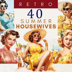 Clipart de donas de casa retrô, dona de casa vintage dos anos 1950, clipart de garotas pin-up, png dos anos 50, dona de casa dos anos 50, tema de bolinhas de meados do século 1950 para download