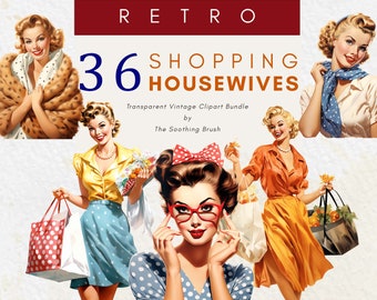 Retro Housewives Clipart, 1950s Vintage Housewife, Pin Up Shopping Girls Clip Art, 50s Png, 50's Housewife, Polka Dot, Mid Century Scrapbook