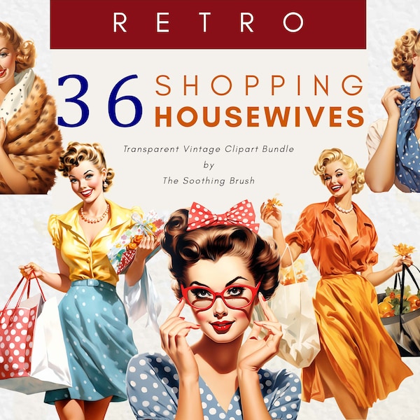 Retro Housewives Clipart, 1950s Vintage Housewife, Pin Up Shopping Girls Clip Art, 50s Png, 50's Housewife, Polka Dot, Mid Century Scrapbook