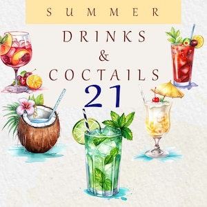 Clipart di bevande e cocktail ad acquerello, bevande estive, menu di bevande, cocktail di nozze al bar ristorante, divertente pacchetto di clip art per bevande alcoliche