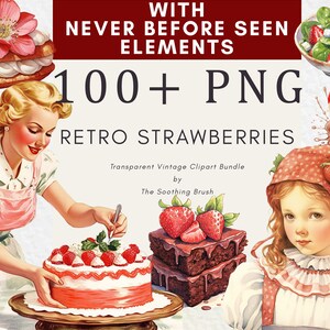 Bundle de cliparts aquarelle fraise - desserts, portraits, éléments de conception - clipart rétro, scènes de boulangerie, art de la cuisine - téléchargement numérique