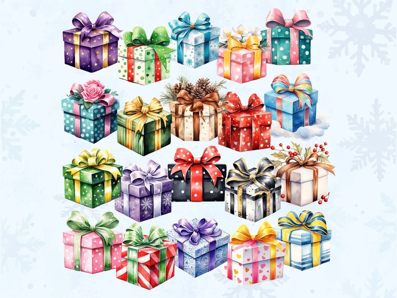 Watercolor Christmas Presents Gift Box Clipart Bundle, Xmas Gift Boxes Clip Art, Santa Claus Present, Sublimation PNG, X-mas Scrapbook zdjęcie 3