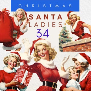 Santa Ladies Retro Natal Clipart 50s Xmas Lady, Vintage Papai Noel, Gráficos de Natal, Diário de Lixo, Scrapbook de Inverno PNG