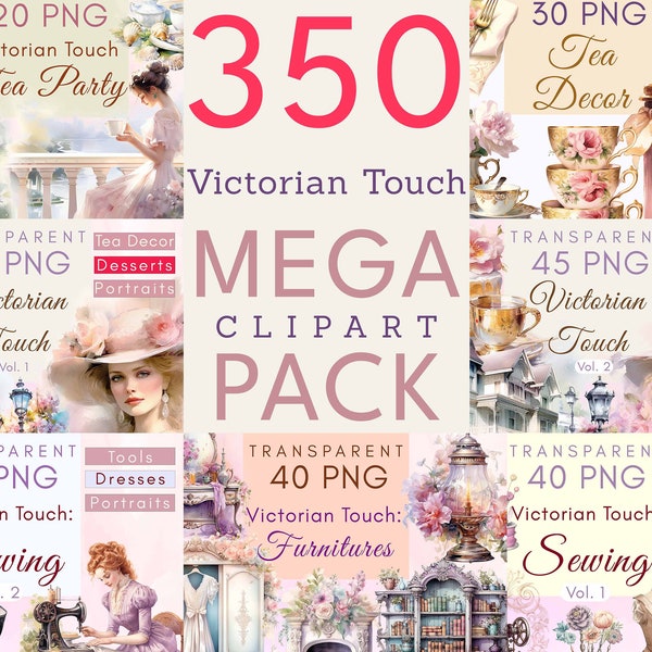MEGA Victorian Clipart Bundle - Tea Party Desserts, Sewing, Vintage Portraits, Furniture Elements - Baroque Art Png, Pastel Cupcake, Teapot