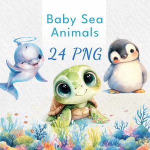 Clipart de animais marinhos em aquarela, clipart submarino, baleia oceânica PNG, peixe fofo, golfinho, polvo, tartaruga, lontra, algas marinhas, recife de coral, pinguim