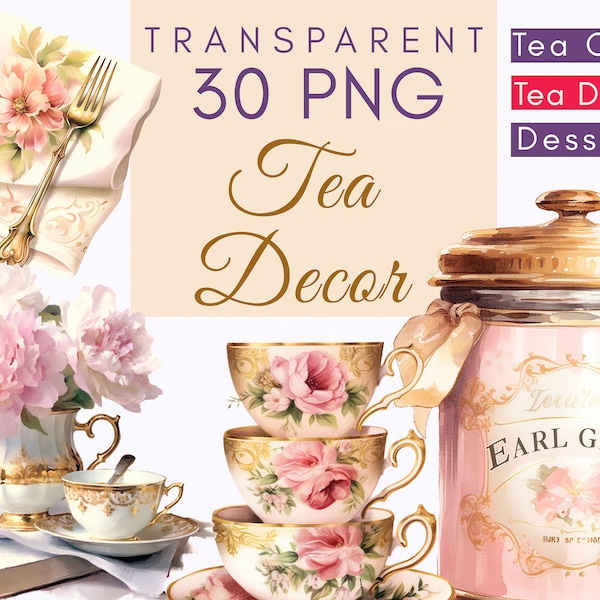 Watercolor Tea Set Clipart - Teacup, Teapot, Tea Party - Vintage Tea Cup Png, High Tea Decor, Tea Time, Rose, Peony, Floral, Cake, Baroque