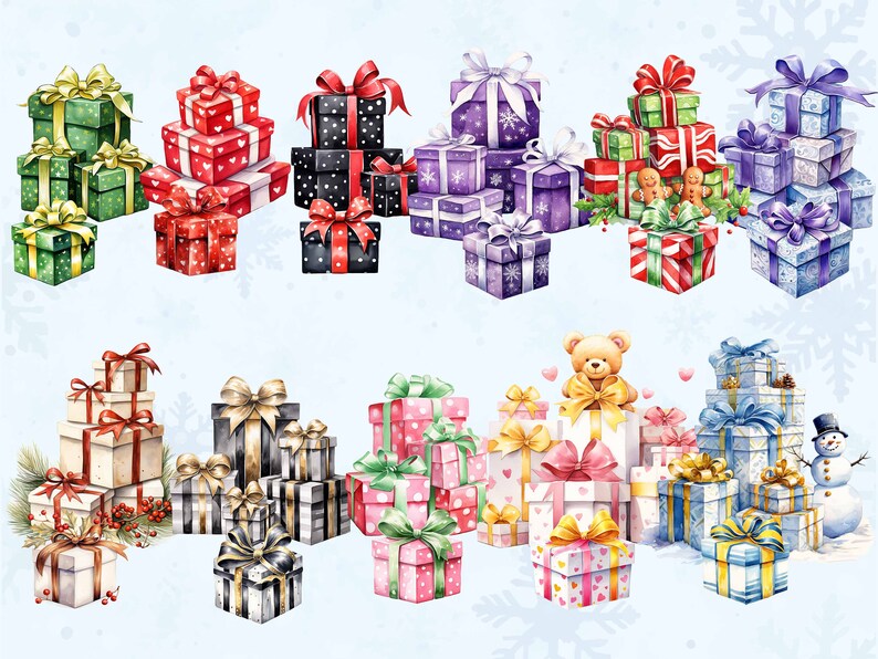 Watercolor Christmas Presents Gift Box Clipart Bundle, Xmas Gift Boxes Clip Art, Santa Claus Present, Sublimation PNG, X-mas Scrapbook zdjęcie 7
