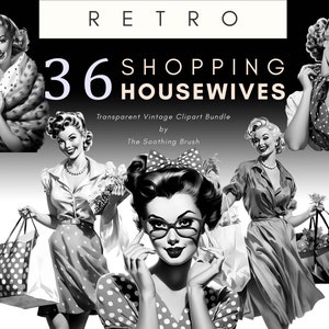 Retro huisvrouwen clipart, jaren 1950 vintage huisvrouw, zwart-wit pin-up winkelen meisjes illustraties, jaren 50 png, jaren 50 huisvrouw, polka dot