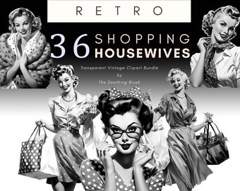 Retro Housewives Clipart, 1950s Vintage Housewife, Black and White Pin Up Shopping Girls Clip Art, 50s Png, 50's Housewife, Polka Dot