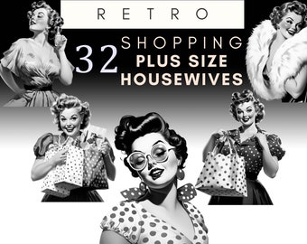 Retro Plus Size Housewives Clipart, 1950s Vintage Housewife, Black and White Pin Up Shopping Girls Clip Art, 50s Png, Mid Century Scrapbook