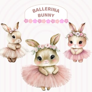 Clipart de conejita bailarina de acuarela, conejitas de ballet con vestido de tutú, conejo bebé bailando con flores PNG, cinta pastel, clip art digital para guardería
