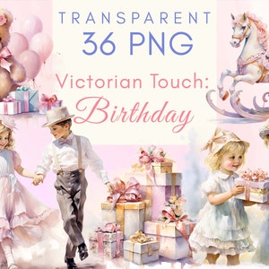 Viktorianische Geburtstag Clipart, Vintage Kinder Spielzeug, Barock, Schaukelpferd, Geschenkbox, Geburtstagskuchen, Spielzeug, Pastell Romantik, Shabby Chic Papiere, PNG