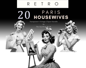 Retro Paris Housewives Clipart, Vintage Housewife, 1950s Black and White Pin Up Girls Clip Art, 50s Png, Eiffel Tower, Polka Dot Mid Century