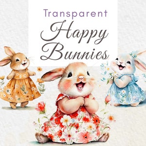 Watercolor Happy Bunny Clipart flower Bundle Easter Bunny, Nursery Art Spring Floral Dress, Nursery Decor Cute Baby Animals, Transparent PNG