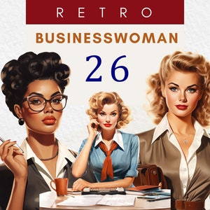 Vrouwelijke baas illustraties, jaren 50 zakenvrouw clipart, aquarel retro pin-up png, jaren 1950 Lady Boss Babe, mooie Afro Black Girl, polka dot thema